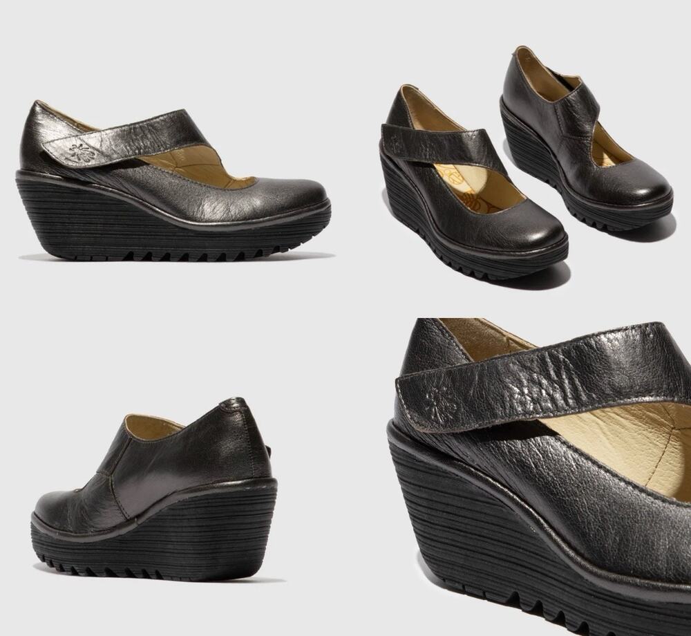 Fly London Yasi Graphite Leather Wedge Mary Jane Shoes — EU 38 / US 7.5 Comfort